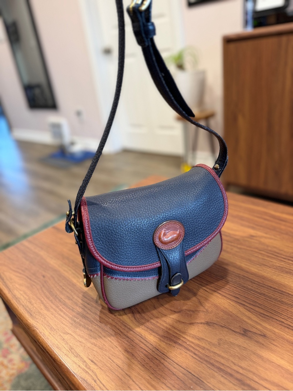 Dooney & Bourke Navy, Taupe & Burgundy Pebbled Leather Crossbody - Picture 7 of 16